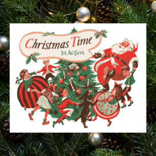 Póster Santa Claus navideño vintage y niños bailando