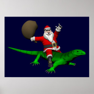 Póster Santa Claus Riding Green Lizard