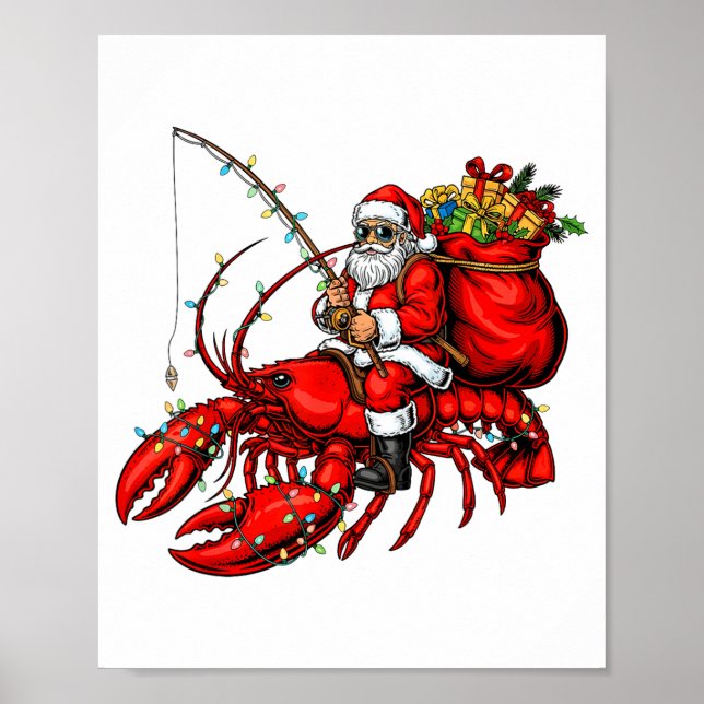 Póster Santa Claus Riding Lobster Lights Christmas Fishin (Frente)
