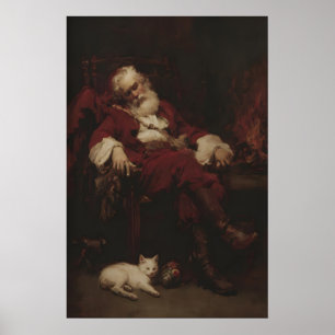 Póster Santa Claus San Nicolás Descansando Junto a Gato Y