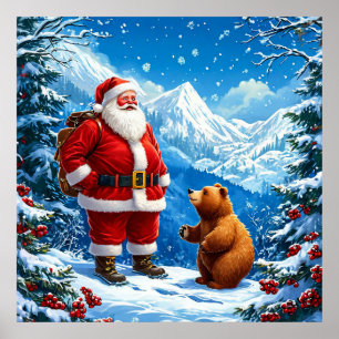 Póster Santa Claus se encuentra con un oso amistoso en un