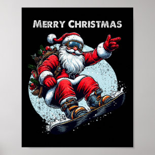 Póster Santa Claus Snowboard Feliz Navidad Invierno Ho