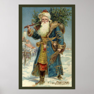 Póster Santa Claus Victoriano Antiguo con árbol de Navida