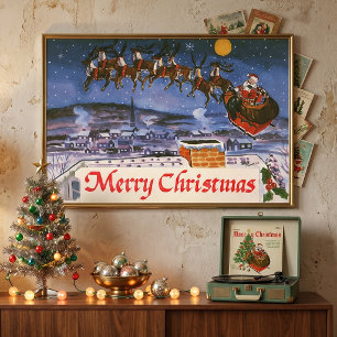 Póster Santa Claus Vintage volando su trineo en Navidad