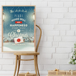 Póster Santa Claus volando sobre Navidades de aldea de Sn