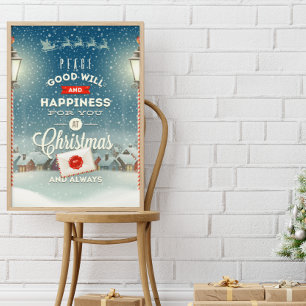 Póster Santa Claus volando sobre Navidades de aldea de Sn