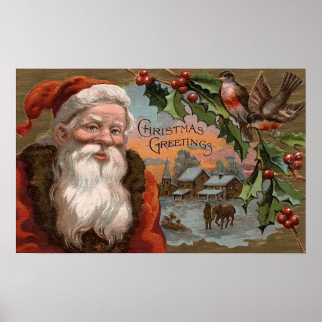 Póster Santa con Holly, escena de la aldea (Frente)