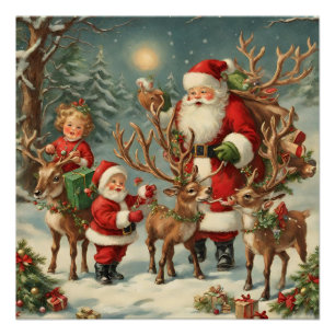 Póster Santa con niños, renos y regalos