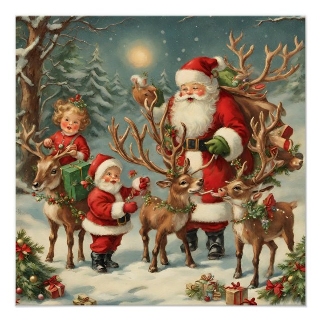Póster Santa con niños, renos y regalos (Anverso)