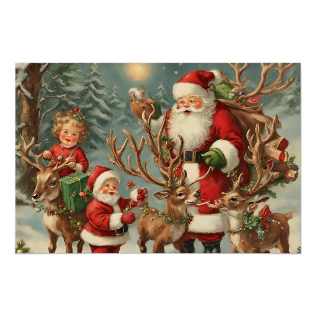 Póster Santa con niños, renos y regalos (Anverso)