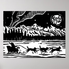 Póster Santa con Perro Sleigh en la imprenta del Lino Árt