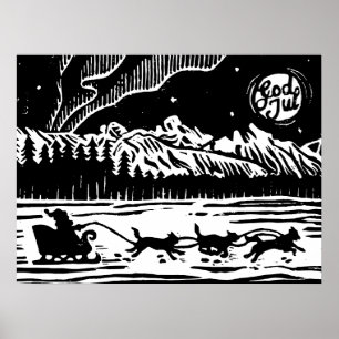Póster Santa con Perro Sleigh en la imprenta del Lino Árt