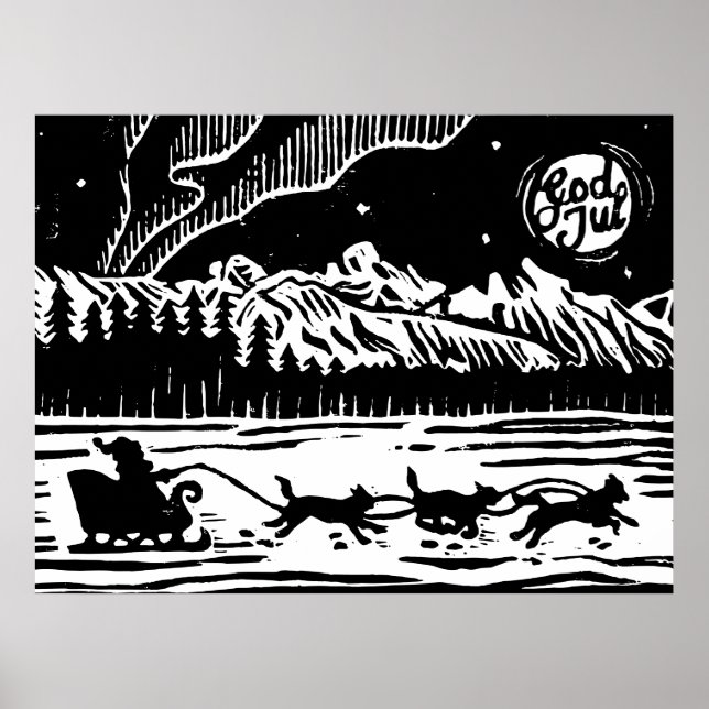 Póster Santa con Perro Sleigh en la imprenta del Lino Árt (Frente)