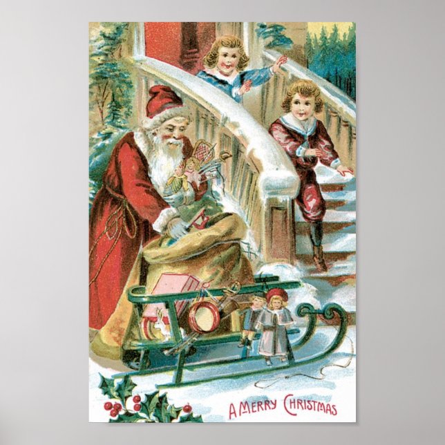 Póster Santa con Sled y presencias para los niños (Frente)