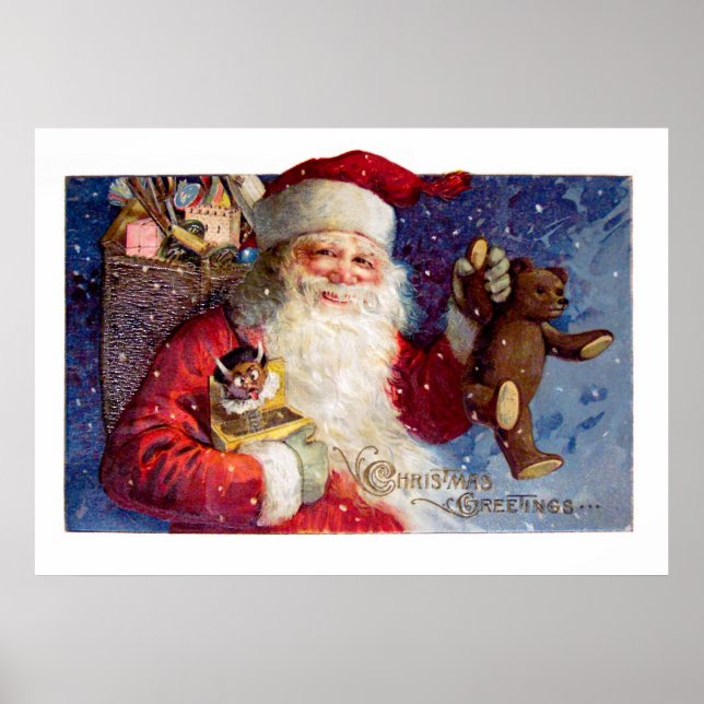 Póster Santa con Teddy y Krampus en una caja (Frente)