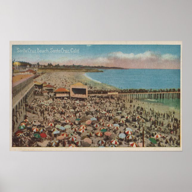 Póster Santa Cruz, CA - Escena de playa llena de gente (Frente)