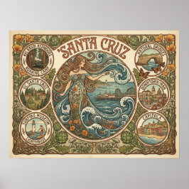 Póster Santa Cruz California Art‑Nouveau Coast