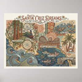 Póster Santa Cruz California Dreams Map UCSC Surfing