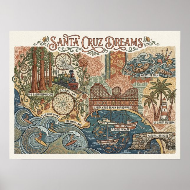Póster Santa Cruz California Dreams Map UCSC Surfing (Frente)