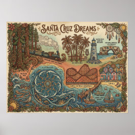 Póster Santa Cruz California Dreams Map – Vibrant Coast