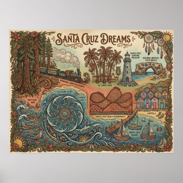 Póster Santa Cruz California Dreams Map – Vibrant Coast (Frente)
