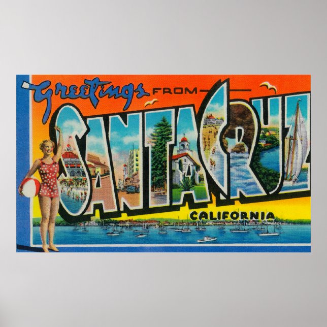 Póster Santa Cruz, California - Escenas de letras grandes (Frente)