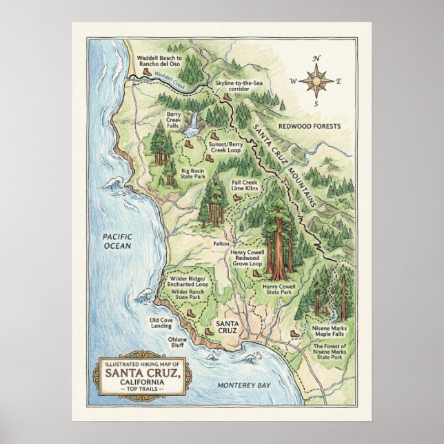 Póster Santa Cruz California Hiking Map Big Basin (Frente)