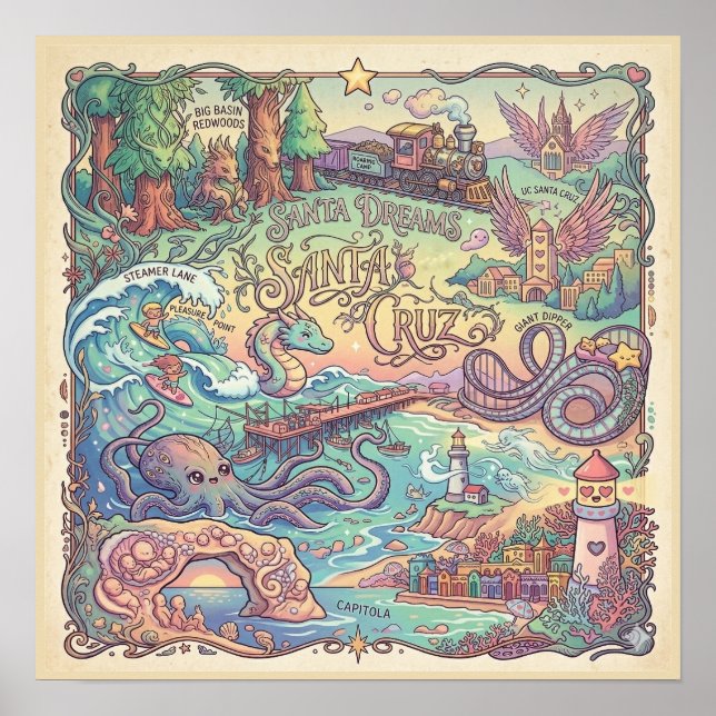 Póster Santa Cruz California Illustrated Map Dreamscape  (Frente)