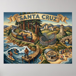 Póster Santa Cruz California Illustrated Map UCSC Wharf