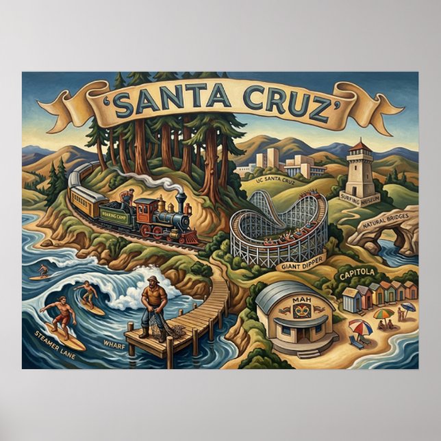 Póster Santa Cruz California Illustrated Map UCSC Wharf (Frente)