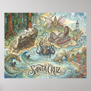Póster Santa Cruz California Mapa Ilustrado Mítico