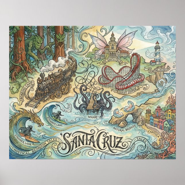 Póster Santa Cruz California Mapa Ilustrado Mítico (Frente)
