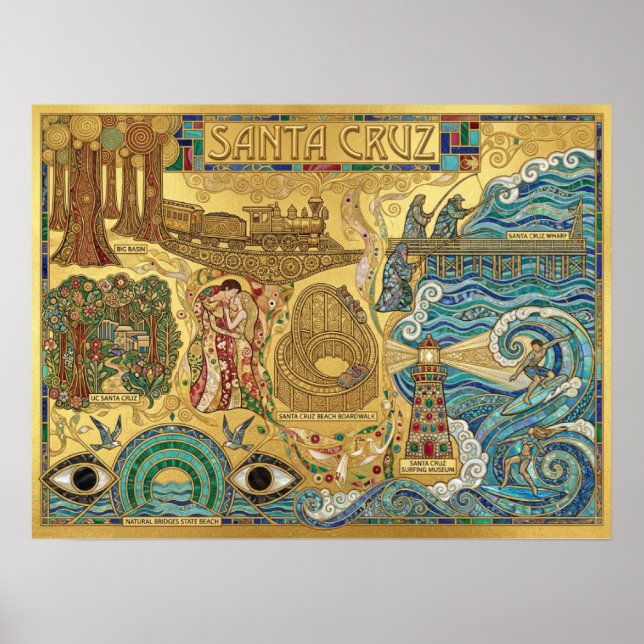 Póster Santa Cruz California Mosaic Map Boardwalk Beach (Frente)