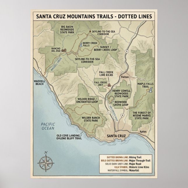 Póster Santa Cruz California Trail Map Redwood & Coastal  (Frente)