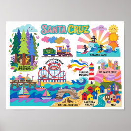 Póster Santa Cruz Illustrated Map Boardwalk Beach Surfing