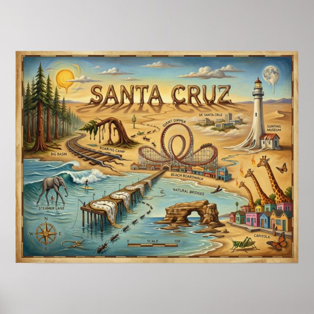 Póster Santa Cruz Pop Art Map – Bold Coastal Landmark (Frente)