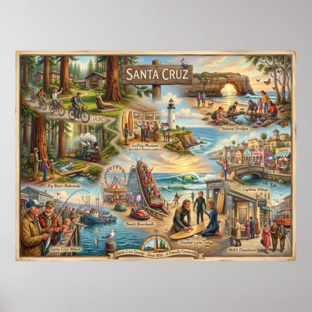 Póster Santa Cruz Vibe Map – Cultural Coastal Art Print (Frente)