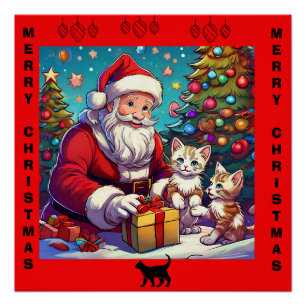 Póster Santa Dando Regalos A Dos Gatitos Jóvenes