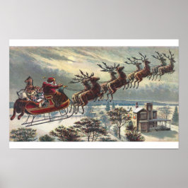 Póster Santa de la Vintage en Sleigh Flying