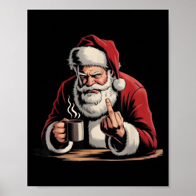Póster Santa de Navidad Dedo Medio Sarcástico Navidad Div (Frente)