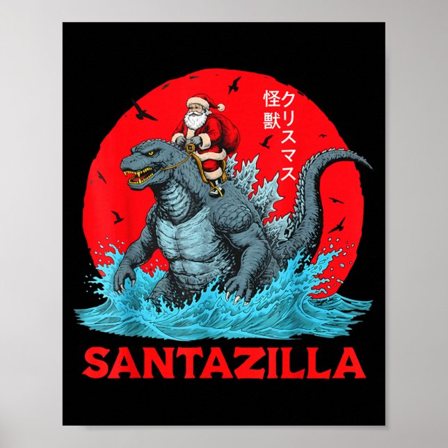 Póster Santa de Navidad montando un monstruo japonés Kaij (Frente)