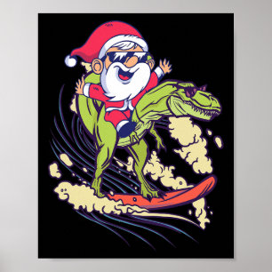 Póster Santa Dinosaur Surfing T-rex Dino Verano Navidad