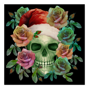 PÓSTER SANTA DIVERTIDO CALAVERA VERDE Y FLORAL DE NAVIDAD