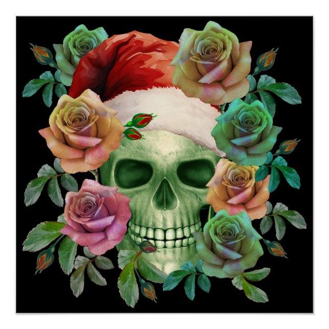 PÓSTER SANTA DIVERTIDO CALAVERA VERDE Y FLORAL DE NAVIDAD (Anverso)