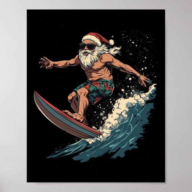 Póster Santa divertido surfeando olas de Navidad en Hawai (Frente)