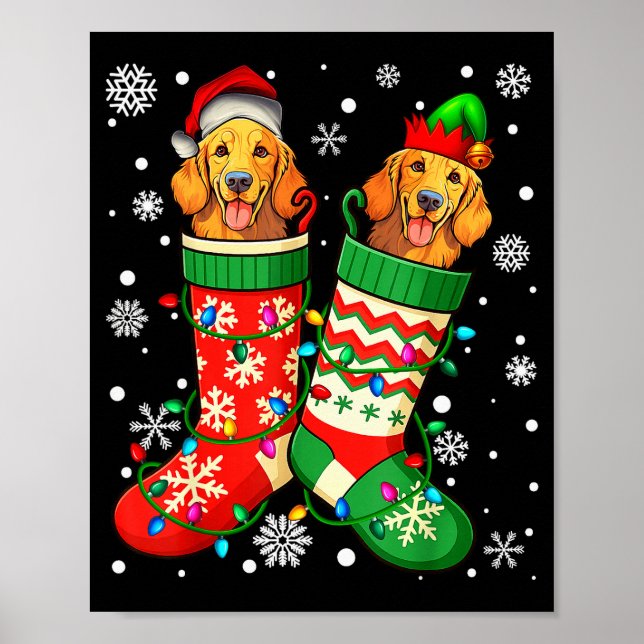 Póster Santa Elf Golden Retriever Dog In Christmas Socks  (Frente)