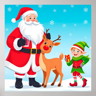 Póster Santa, Elf y reno en Navidades festivos
