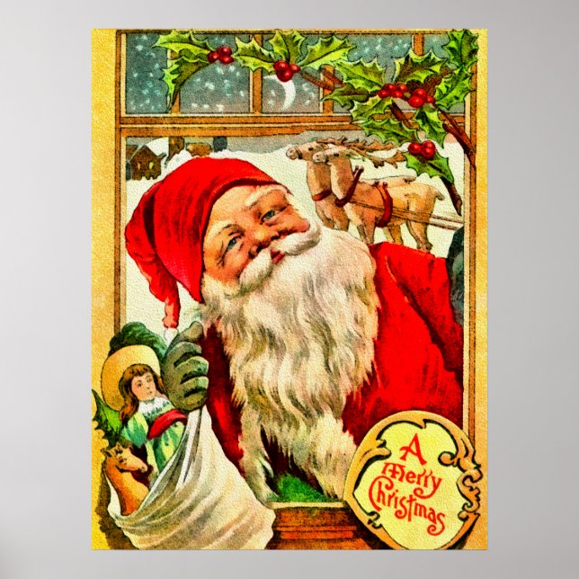 Póster Santa en la ventana con bolsita de juguetes (Frente)