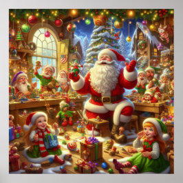 Póster Santa en su taller de Navidad con juguetes en la p