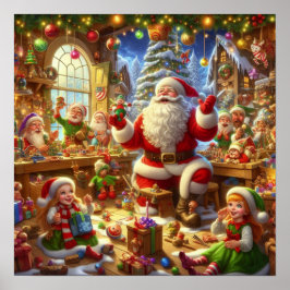 Póster Santa en su taller de Navidad con juguetes en la p